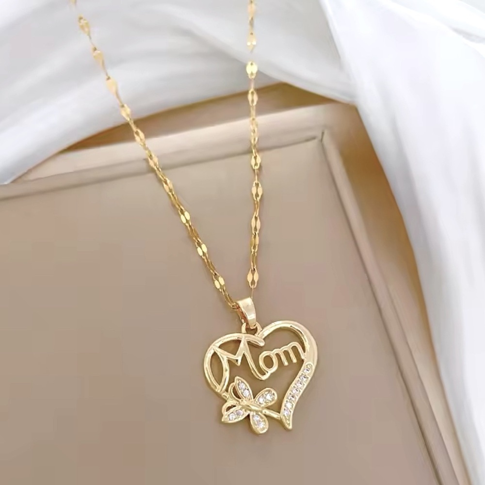 18k Gold Mom Heart Butterfly & Pave Diamond Inlay Pendant Necklace Mother’s Day